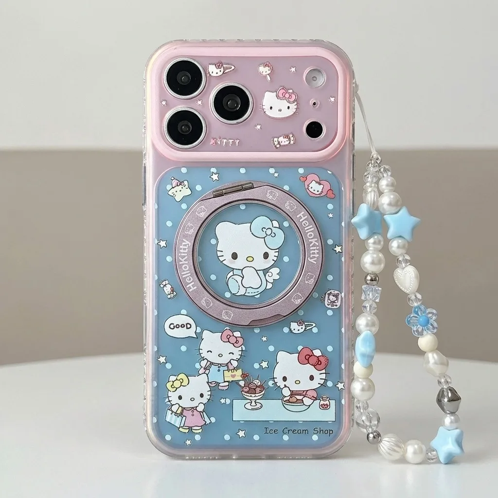 Hello Kitty pastel phone case with ice cream shop print and dangling beaded charm