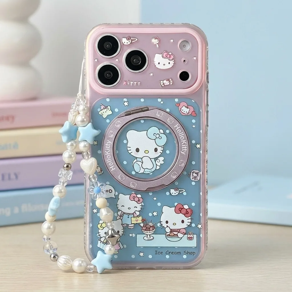 Hello Kitty pastel clear phone case with beaded charm for iPhone 17 16 15 Pro Max