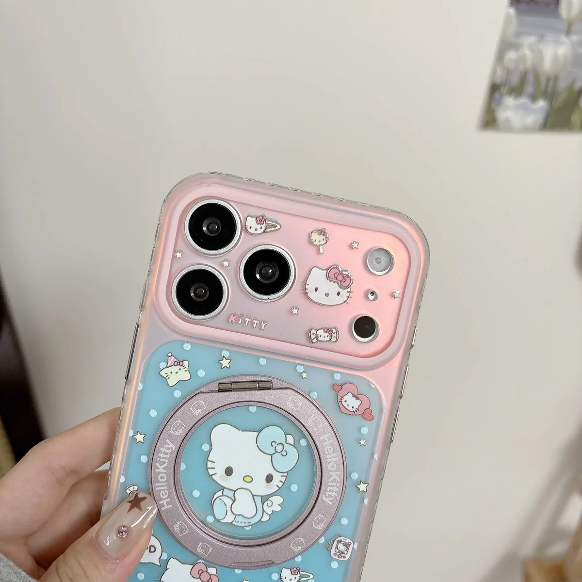 Hello Kitty pastel clear phone case with beaded charm for iPhone 17 16 15 Pro Max