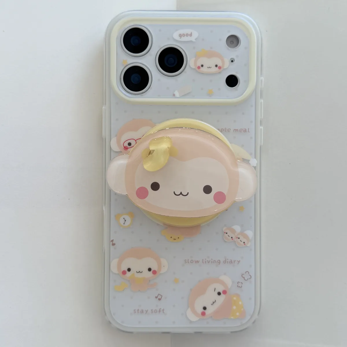 Cute monkey phone case with 3D grip charm and beaded strap for iPhone 17 16 15 Pro Max