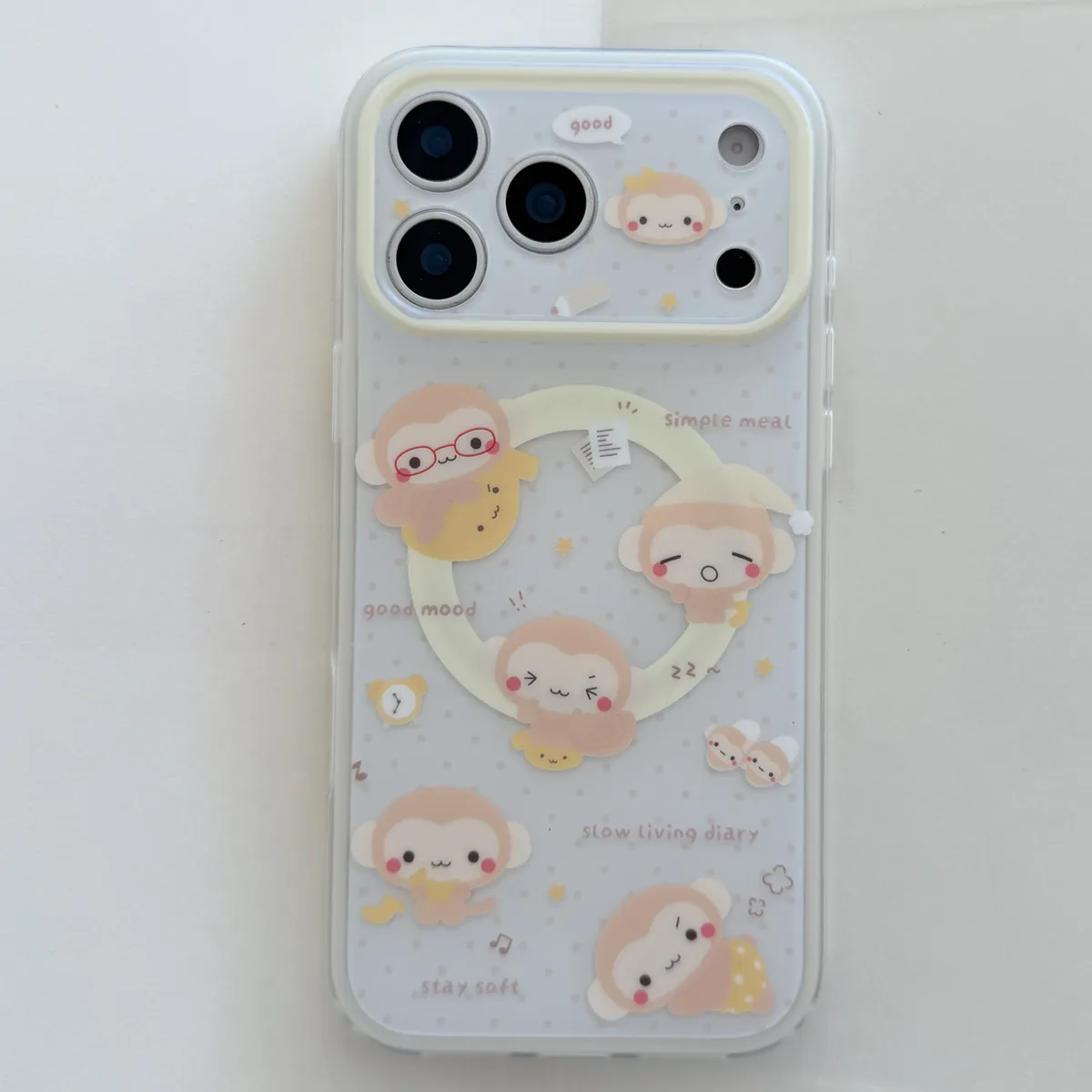 Cute monkey phone case with 3D grip charm and beaded strap for iPhone 17 16 15 Pro Max