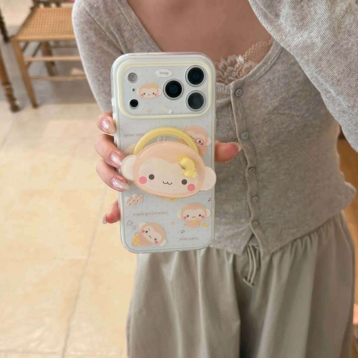 Cute monkey phone case with 3D grip charm and beaded strap for iPhone 17 16 15 Pro Max