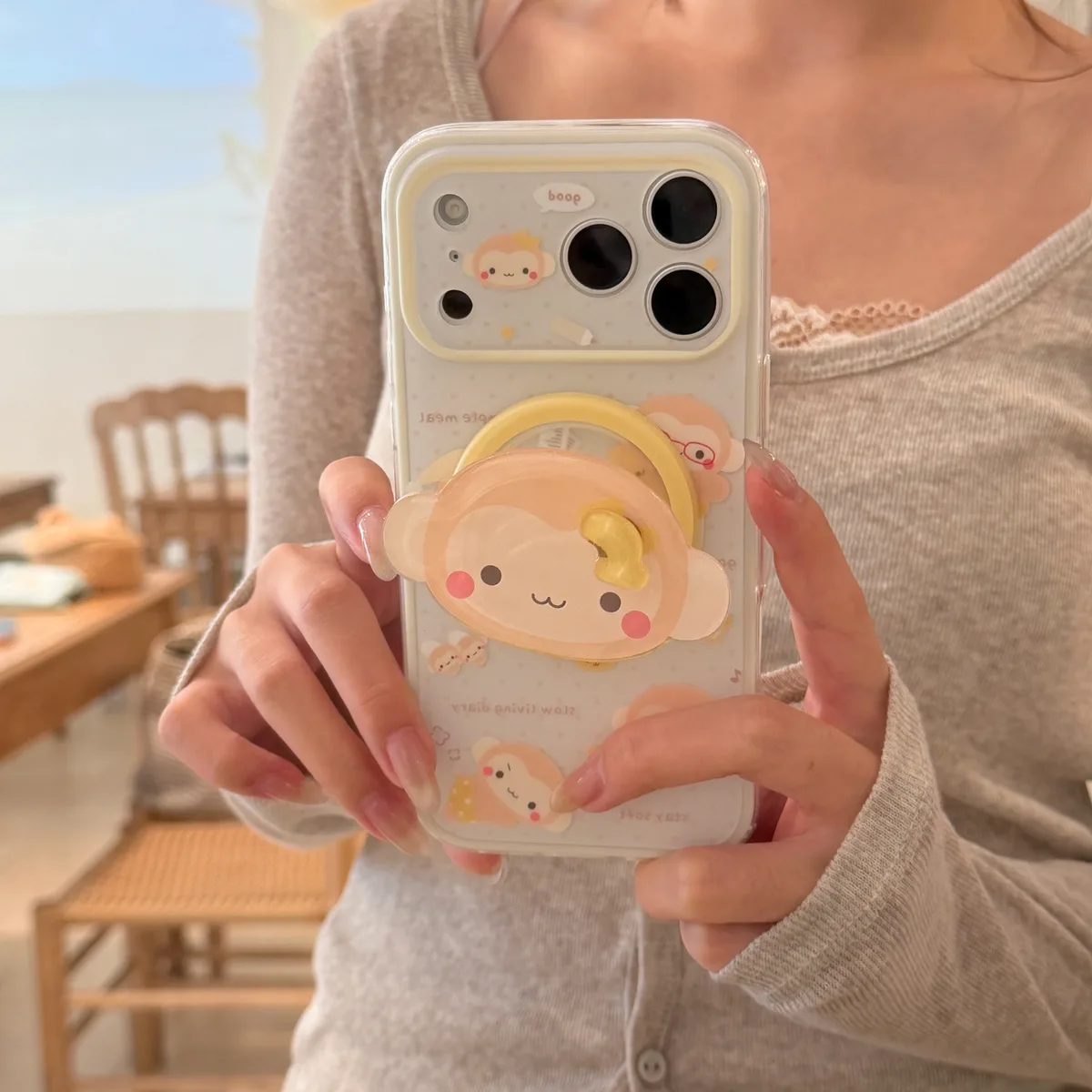 Cute monkey phone case with 3D grip charm and beaded strap for iPhone 17 16 15 Pro Max