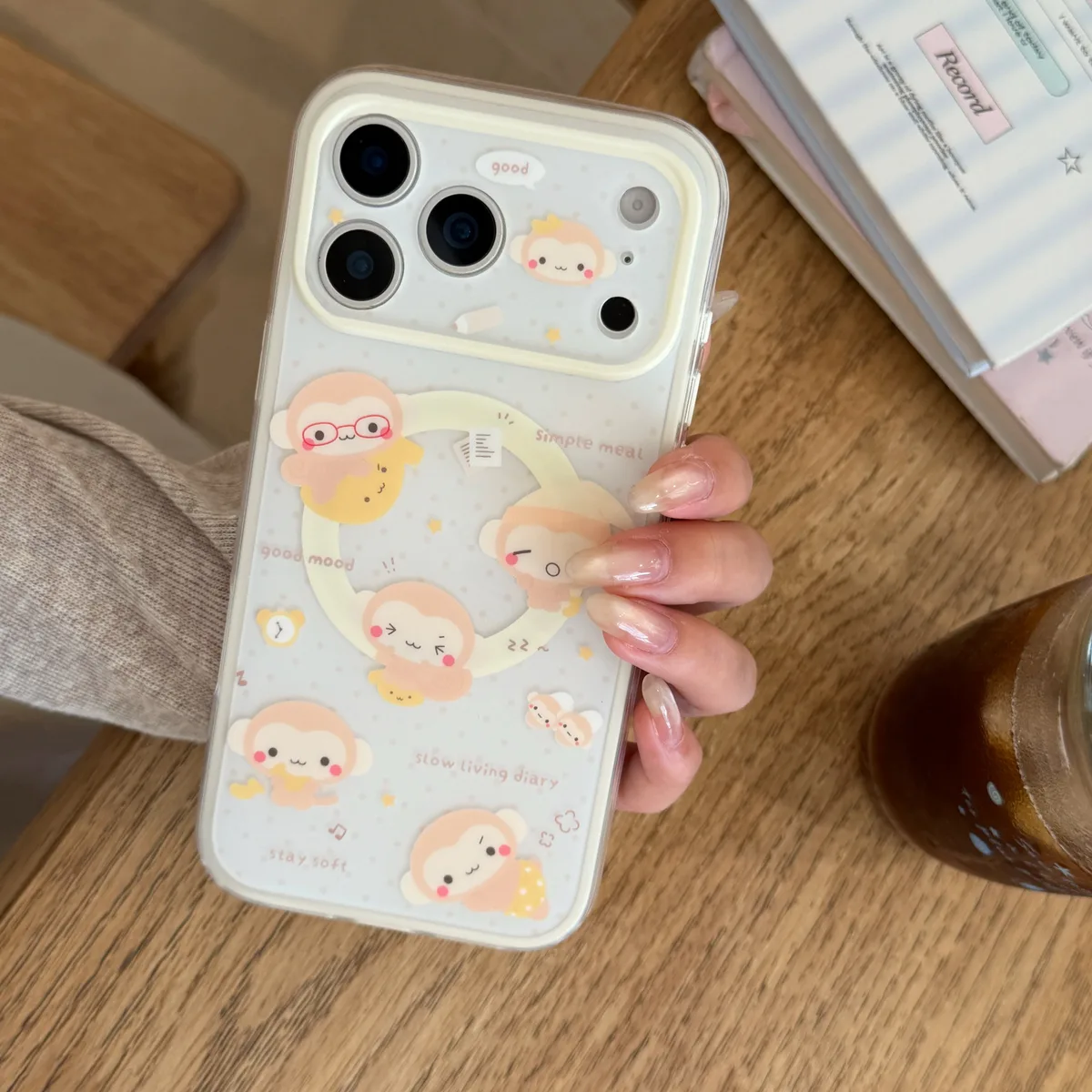 Cute monkey phone case with 3D grip charm and beaded strap for iPhone 17 16 15 Pro Max