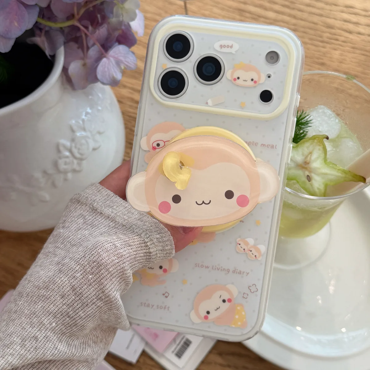 Cute monkey phone case with 3D grip charm and beaded strap for iPhone 17 16 15 Pro Max