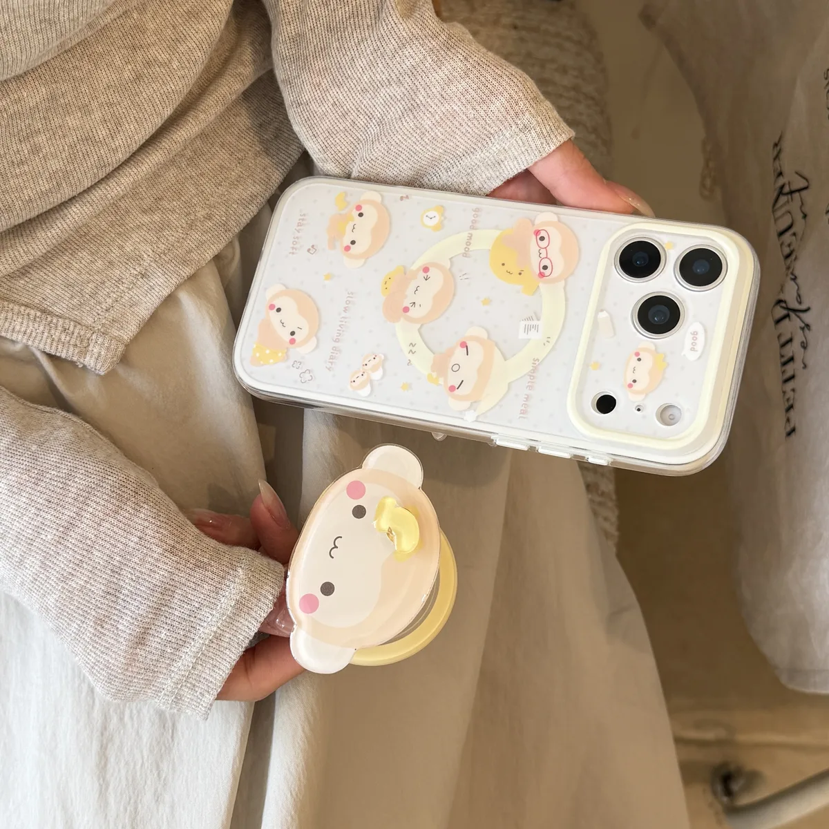 Cute monkey phone case with 3D grip charm and beaded strap for iPhone 17 16 15 Pro Max