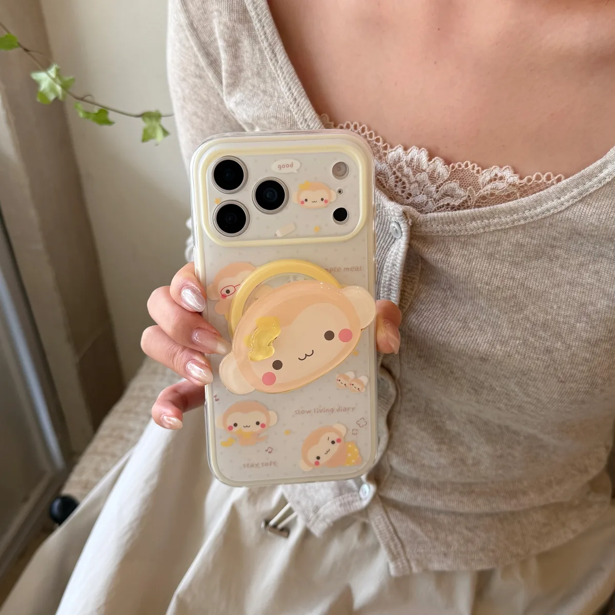 Cute monkey phone case with 3D grip charm and beaded strap for iPhone 17 16 15 Pro Max