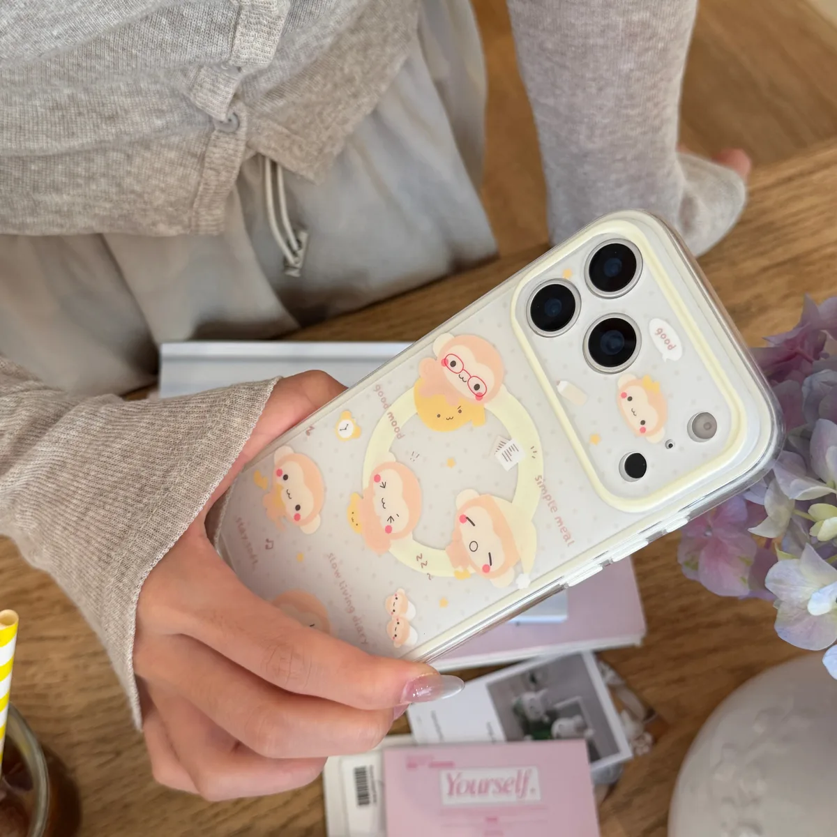 Cute monkey phone case with 3D grip charm and beaded strap for iPhone 17 16 15 Pro Max