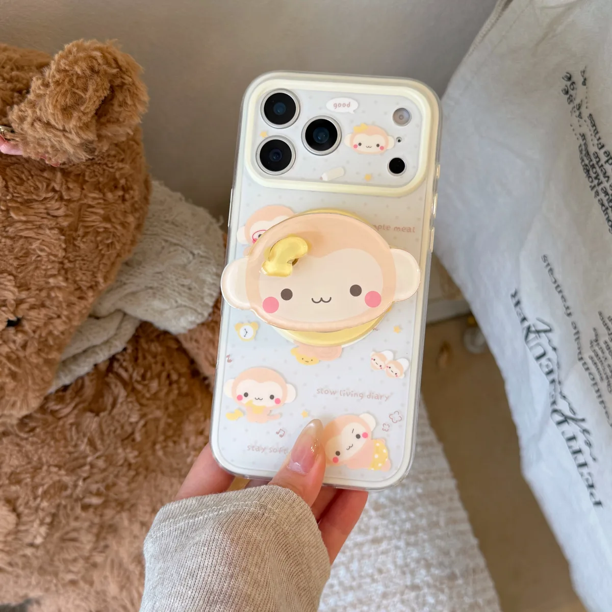 Cute monkey phone case with 3D grip charm and beaded strap for iPhone 17 16 15 Pro Max