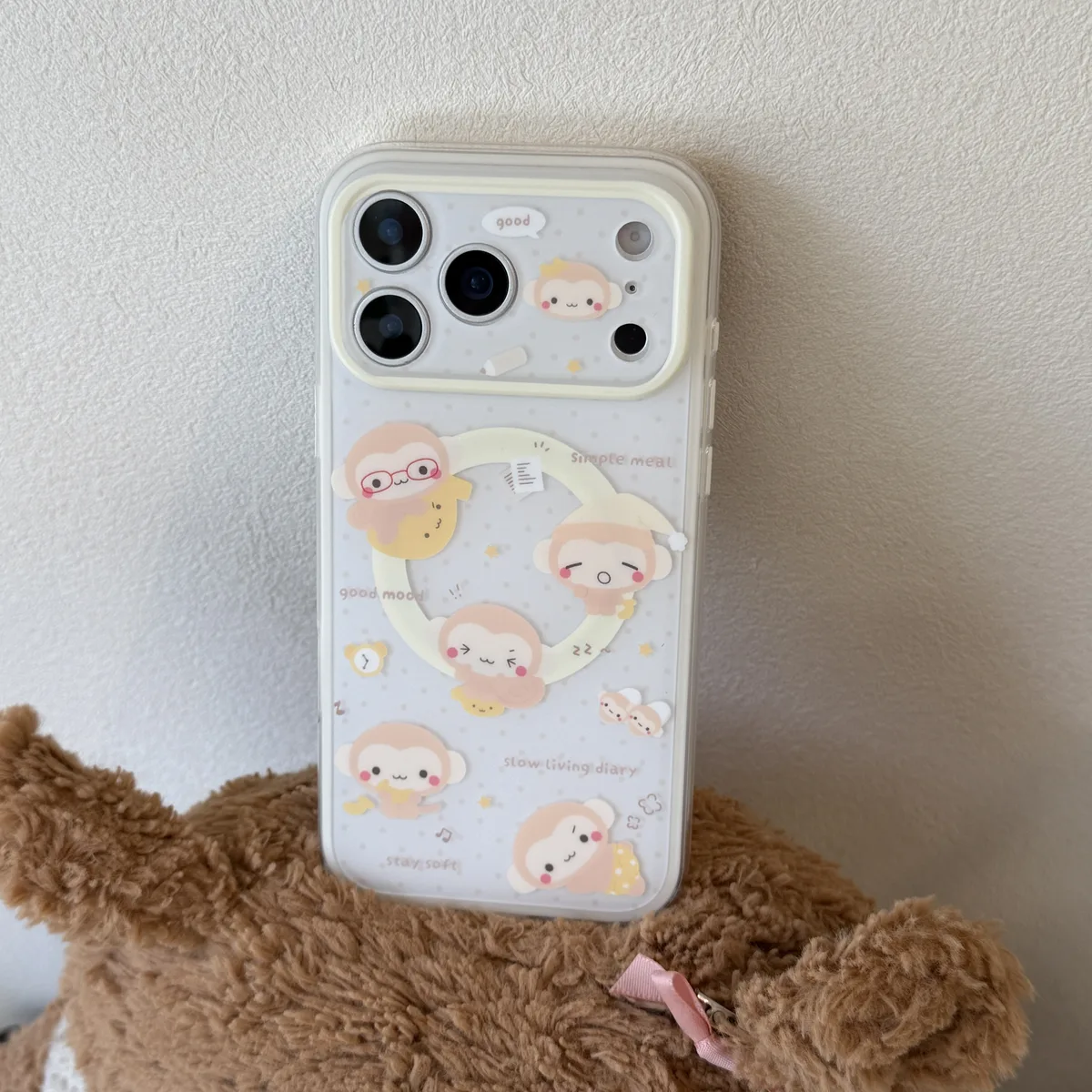 Cute monkey phone case with 3D grip charm and beaded strap for iPhone 17 16 15 Pro Max