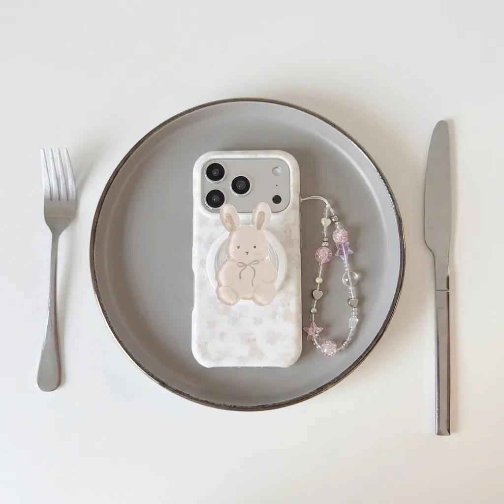White floral phone case with a bunny charm and beaded strap on a phone