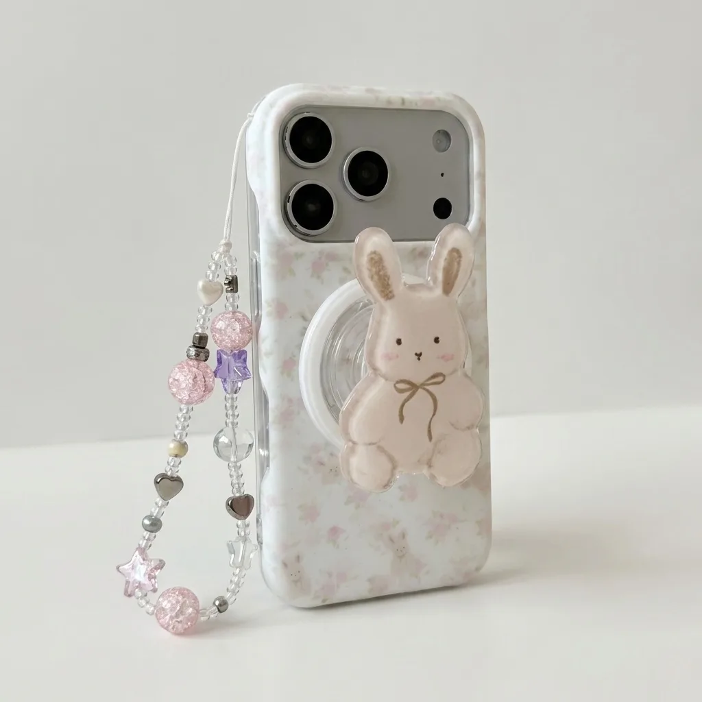 Cute bunny floral phone case with beaded charm for iPhone 17 16 15 Pro Max — MagSafe