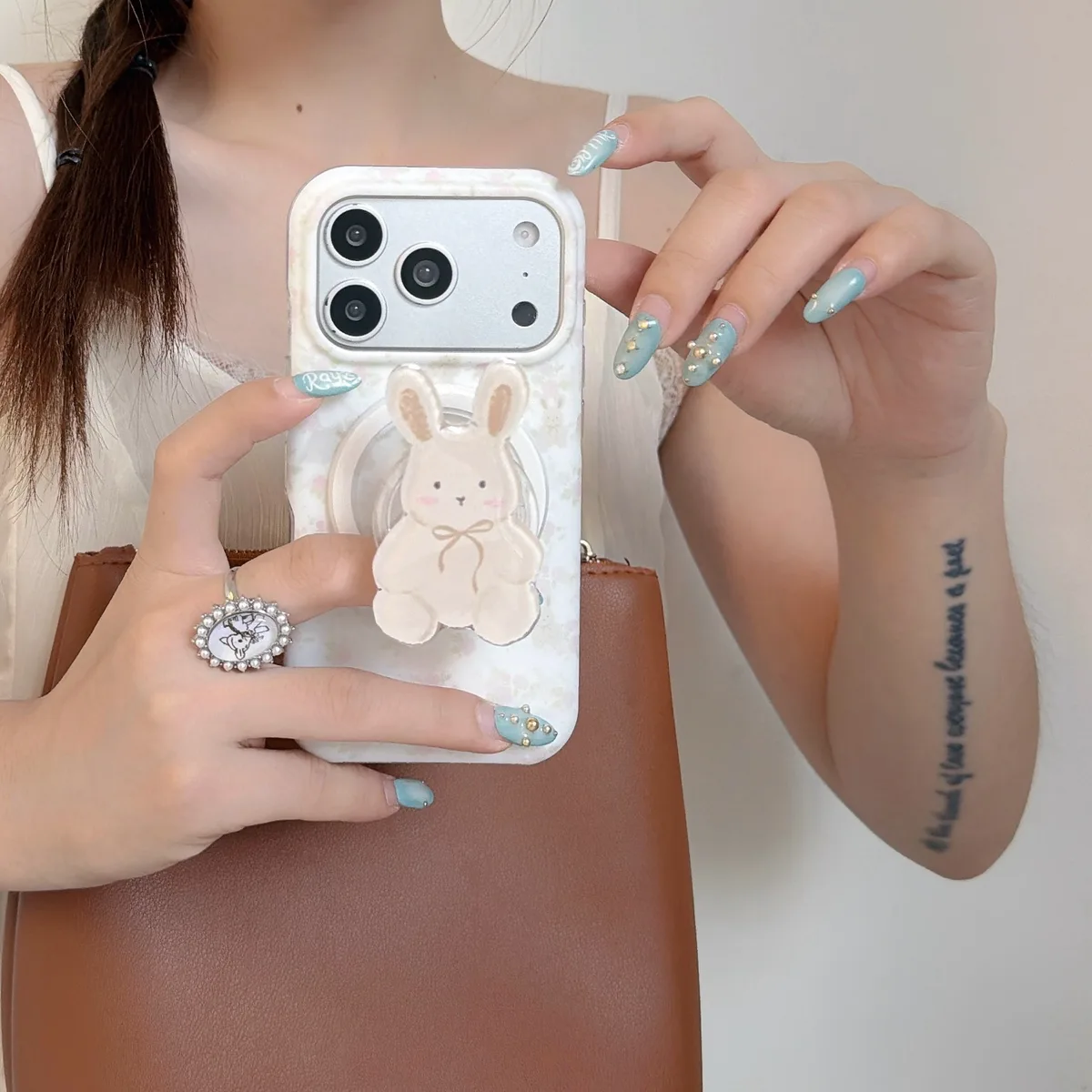 Cute bunny floral phone case with beaded charm for iPhone 17 16 15 Pro Max — MagSafe