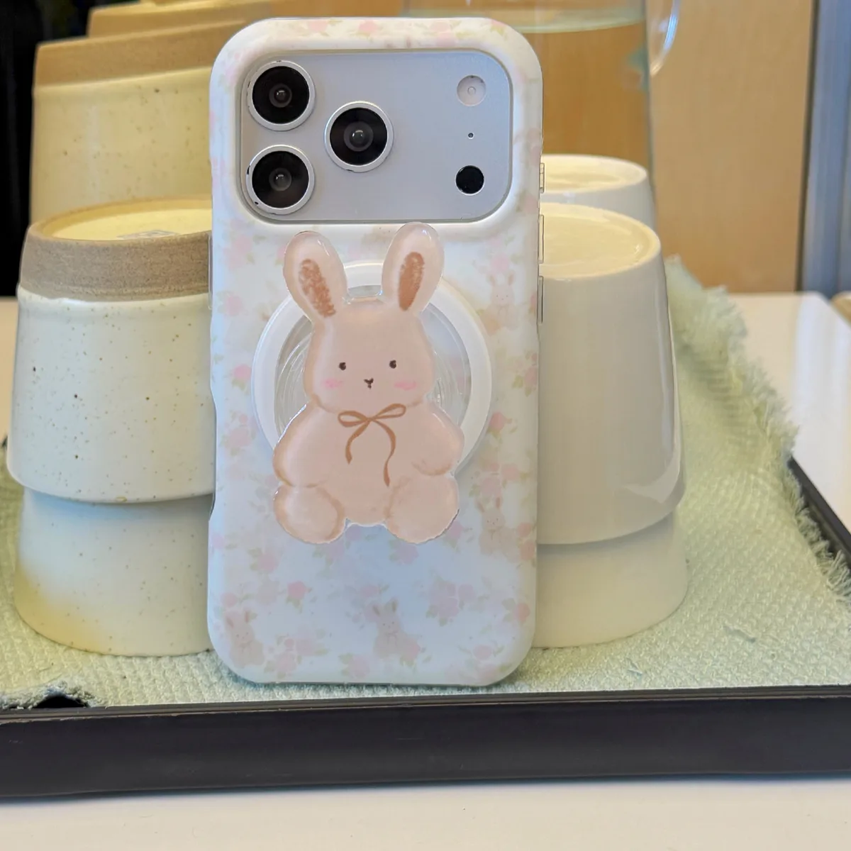 Cute bunny floral phone case with beaded charm for iPhone 17 16 15 Pro Max — MagSafe
