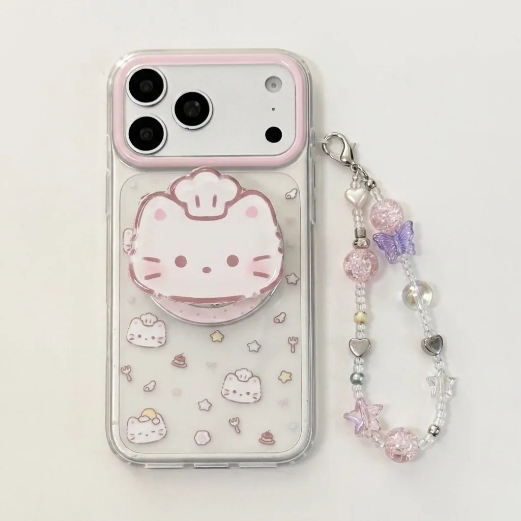Clear phone case with Hello Kitty art, a pink pop grip, and a pastel beaded strap
