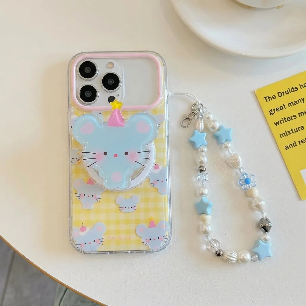 Clear phone case with pastel baby mouse print, yellow gingham background, and beaded charm strap