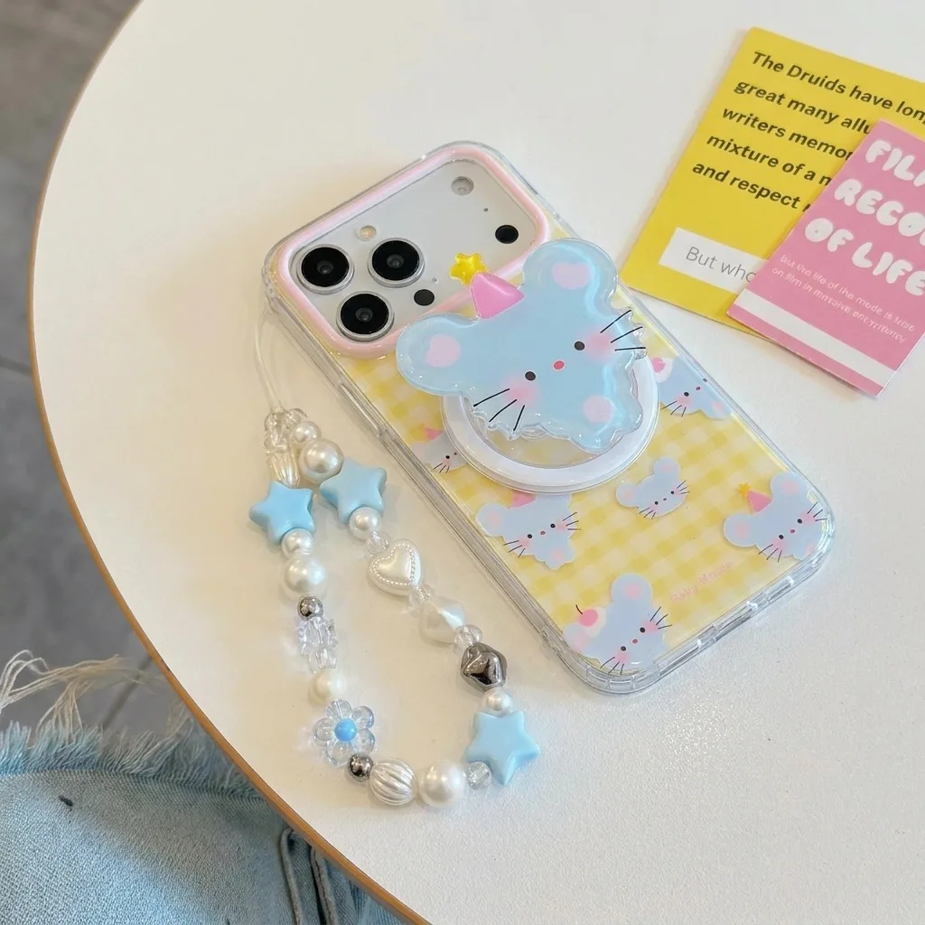 Cute Baby Mouse Clear Phone Case with Pastel Gingham and Beaded Charm for iPhone 17 16 15 Pro Max — MagSafe