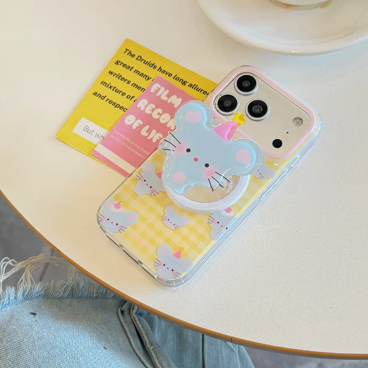 Cute Baby Mouse Clear Phone Case with Pastel Gingham and Beaded Charm for iPhone 17 16 15 Pro Max — MagSafe