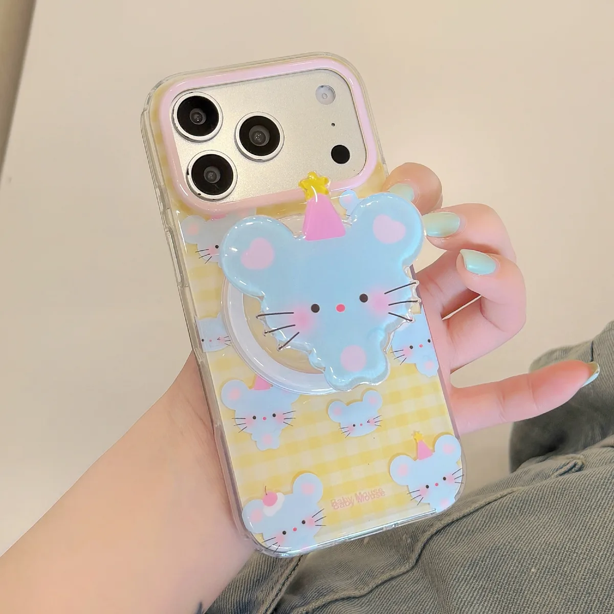 Cute Baby Mouse Clear Phone Case with Pastel Gingham and Beaded Charm for iPhone 17 16 15 Pro Max — MagSafe
