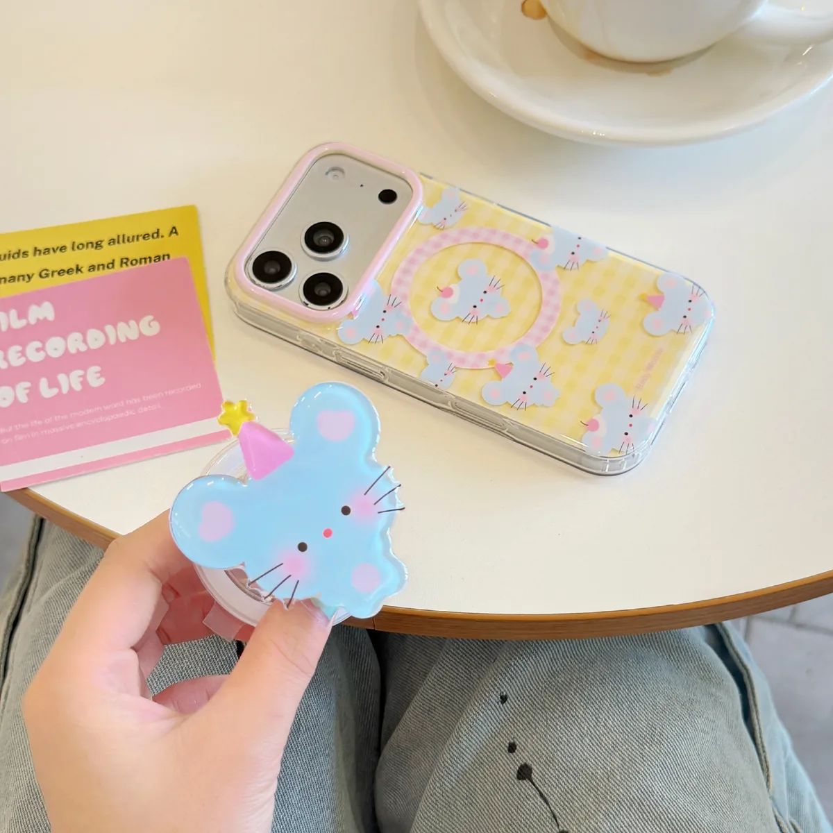 Cute Baby Mouse Clear Phone Case with Pastel Gingham and Beaded Charm for iPhone 17 16 15 Pro Max — MagSafe