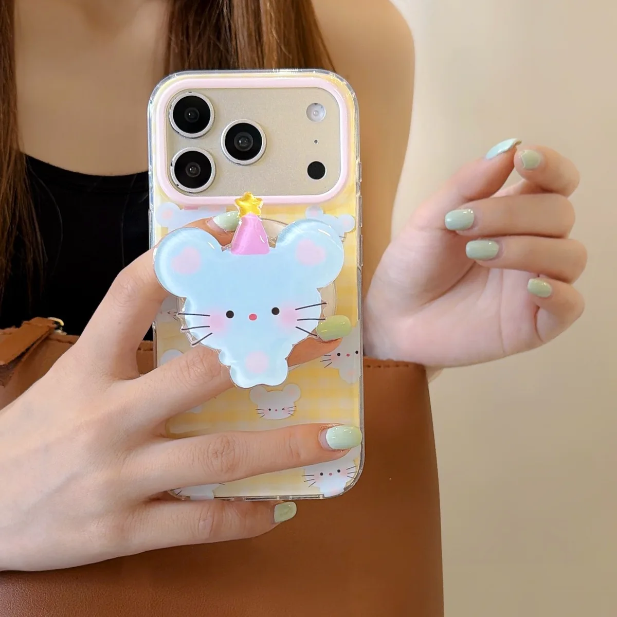 Cute Baby Mouse Clear Phone Case with Pastel Gingham and Beaded Charm for iPhone 17 16 15 Pro Max — MagSafe