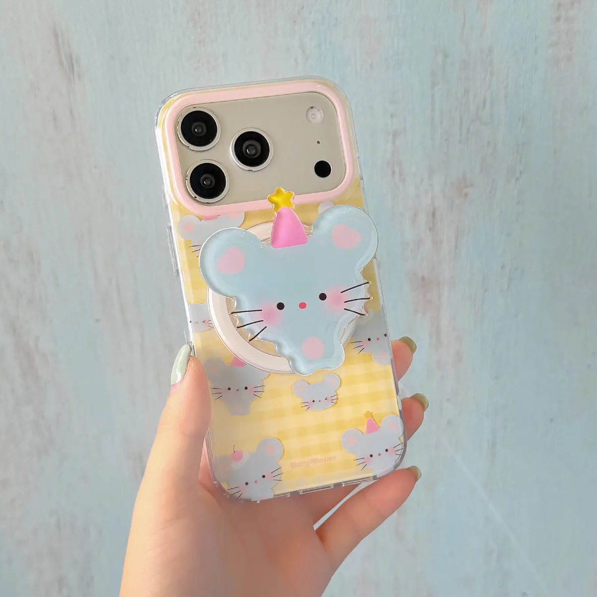 Cute Baby Mouse Clear Phone Case with Pastel Gingham and Beaded Charm for iPhone 17 16 15 Pro Max — MagSafe