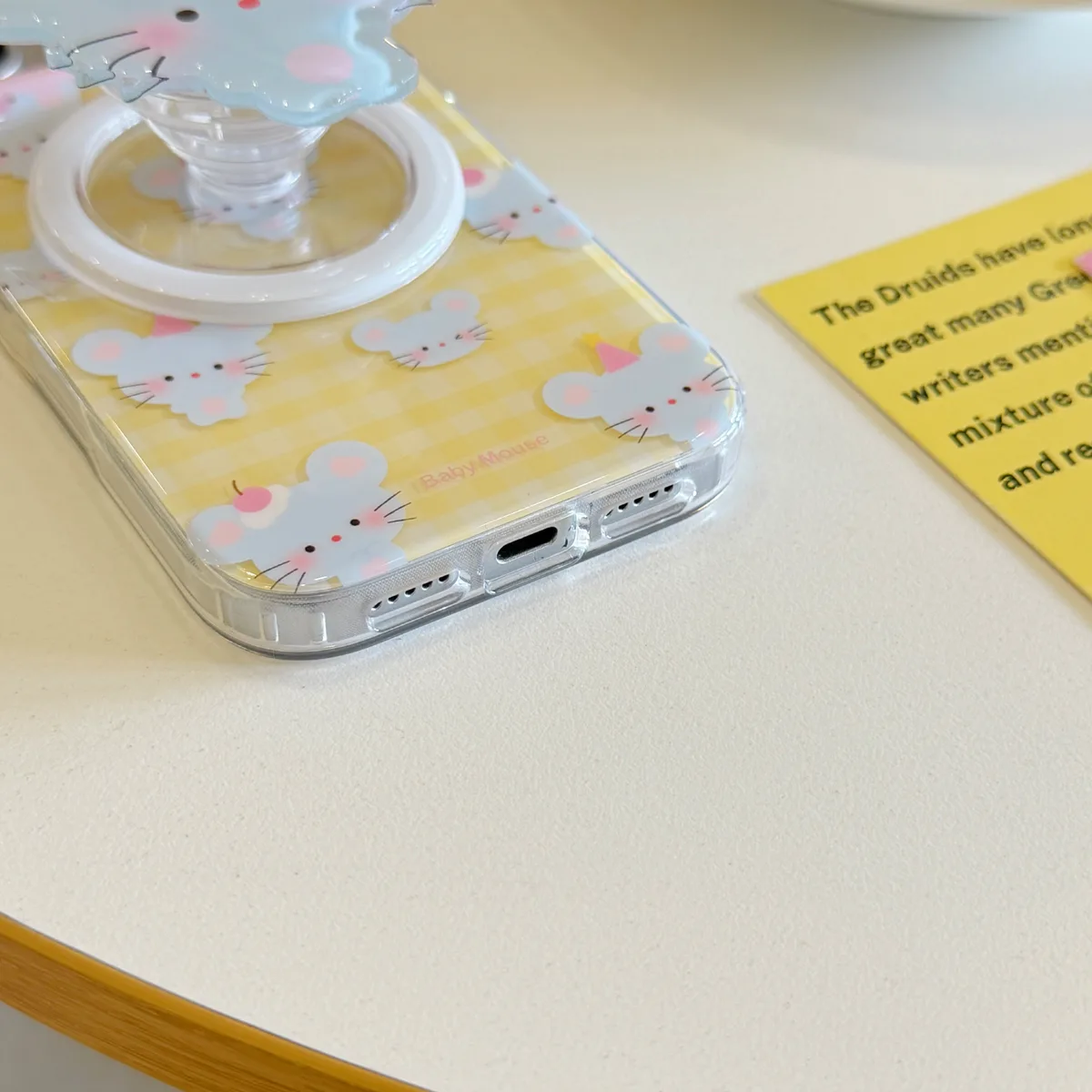 Cute Baby Mouse Clear Phone Case with Pastel Gingham and Beaded Charm for iPhone 17 16 15 Pro Max — MagSafe