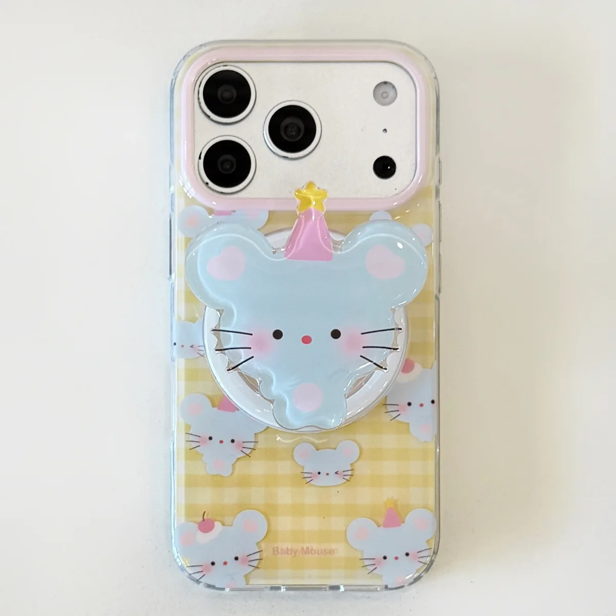 Cute Baby Mouse Clear Phone Case with Pastel Gingham and Beaded Charm for iPhone 17 16 15 Pro Max — MagSafe
