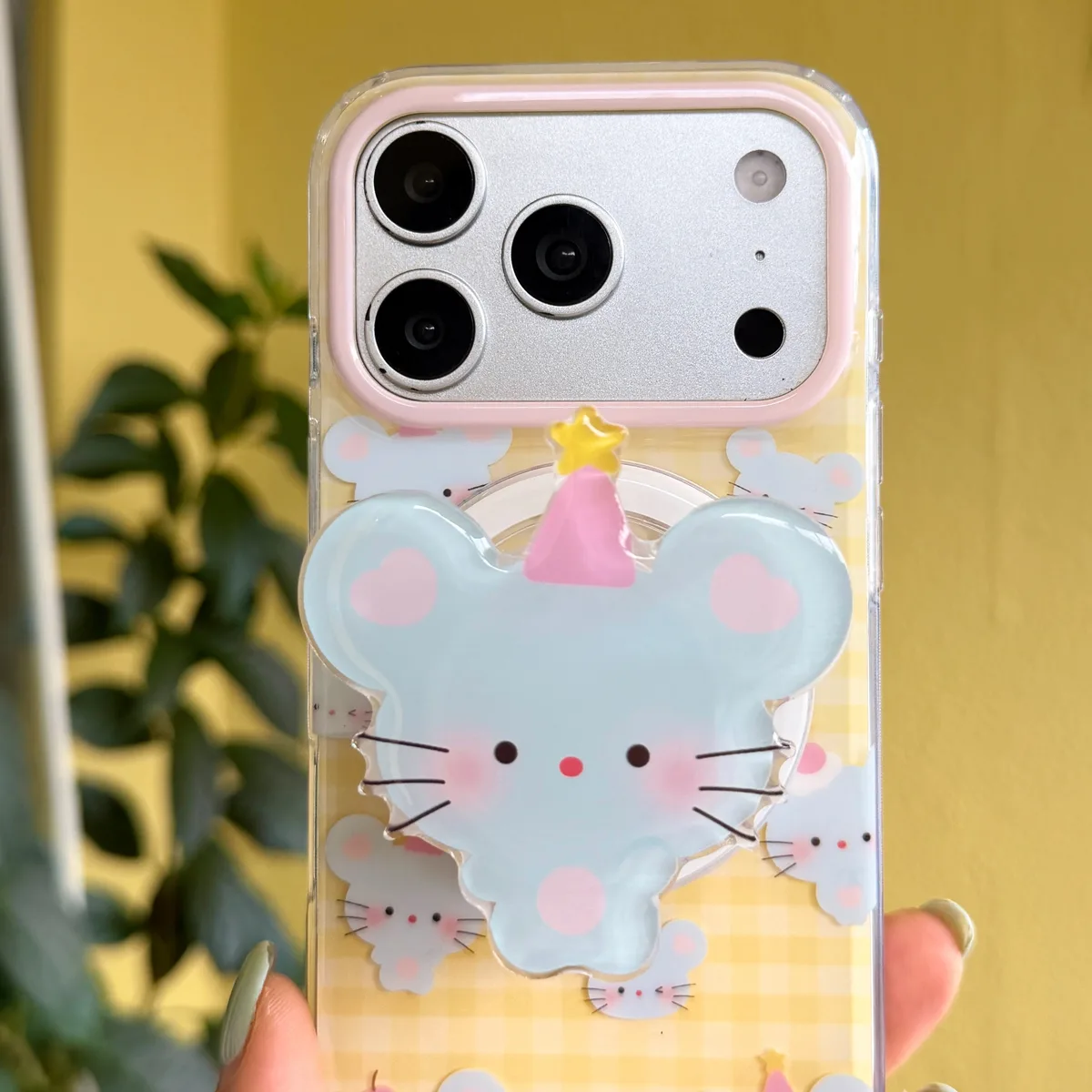 Cute Baby Mouse Clear Phone Case with Pastel Gingham and Beaded Charm for iPhone 17 16 15 Pro Max — MagSafe