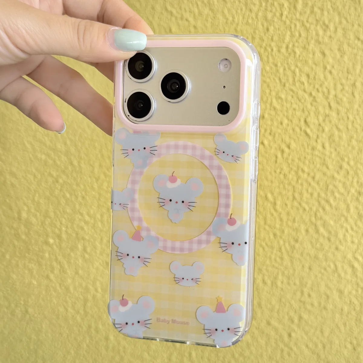 Cute Baby Mouse Clear Phone Case with Pastel Gingham and Beaded Charm for iPhone 17 16 15 Pro Max — MagSafe
