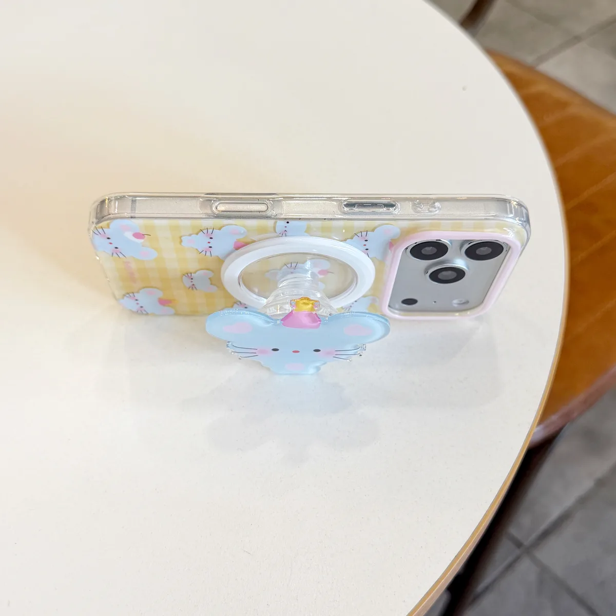 Cute Baby Mouse Clear Phone Case with Pastel Gingham and Beaded Charm for iPhone 17 16 15 Pro Max — MagSafe