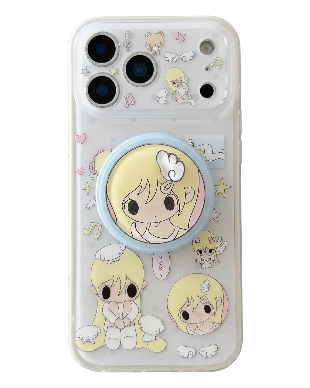 Cute blonde anime girl clear phone case with magnetic ring stand and charm strap for iPhone 17 16 15 Pro Max — MagSafe