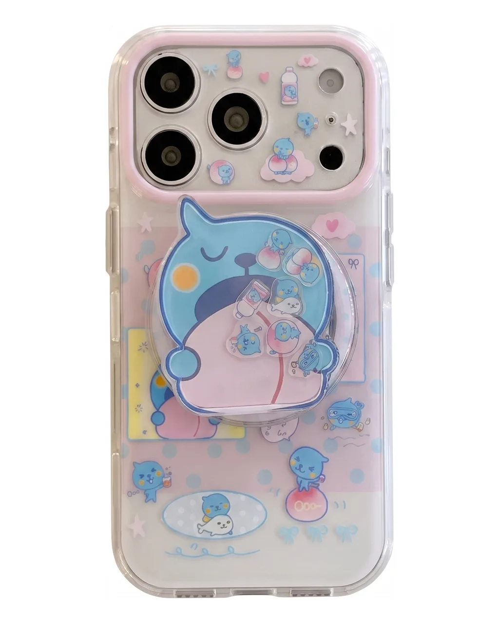 Cute blue bear clear phone case with beaded charm and pop-out grip for iPhone 17 16 15 Pro Max — MagSafe