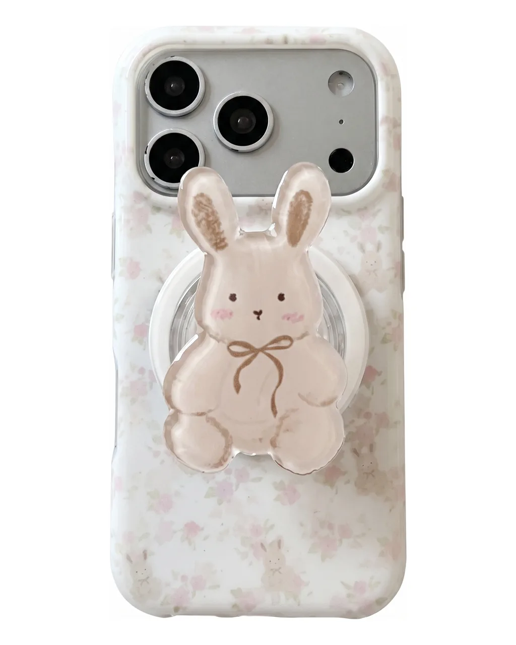 Cute bunny floral phone case with beaded charm for iPhone 17 16 15 Pro Max — MagSafe