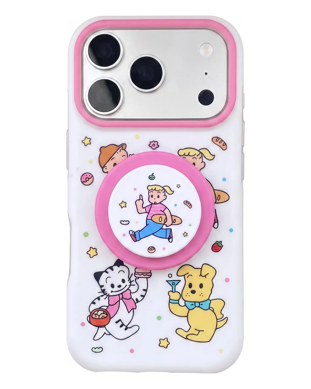 Cute cartoon character phone case with beaded charm and pop grip for iPhone 17 16 15 Pro Max