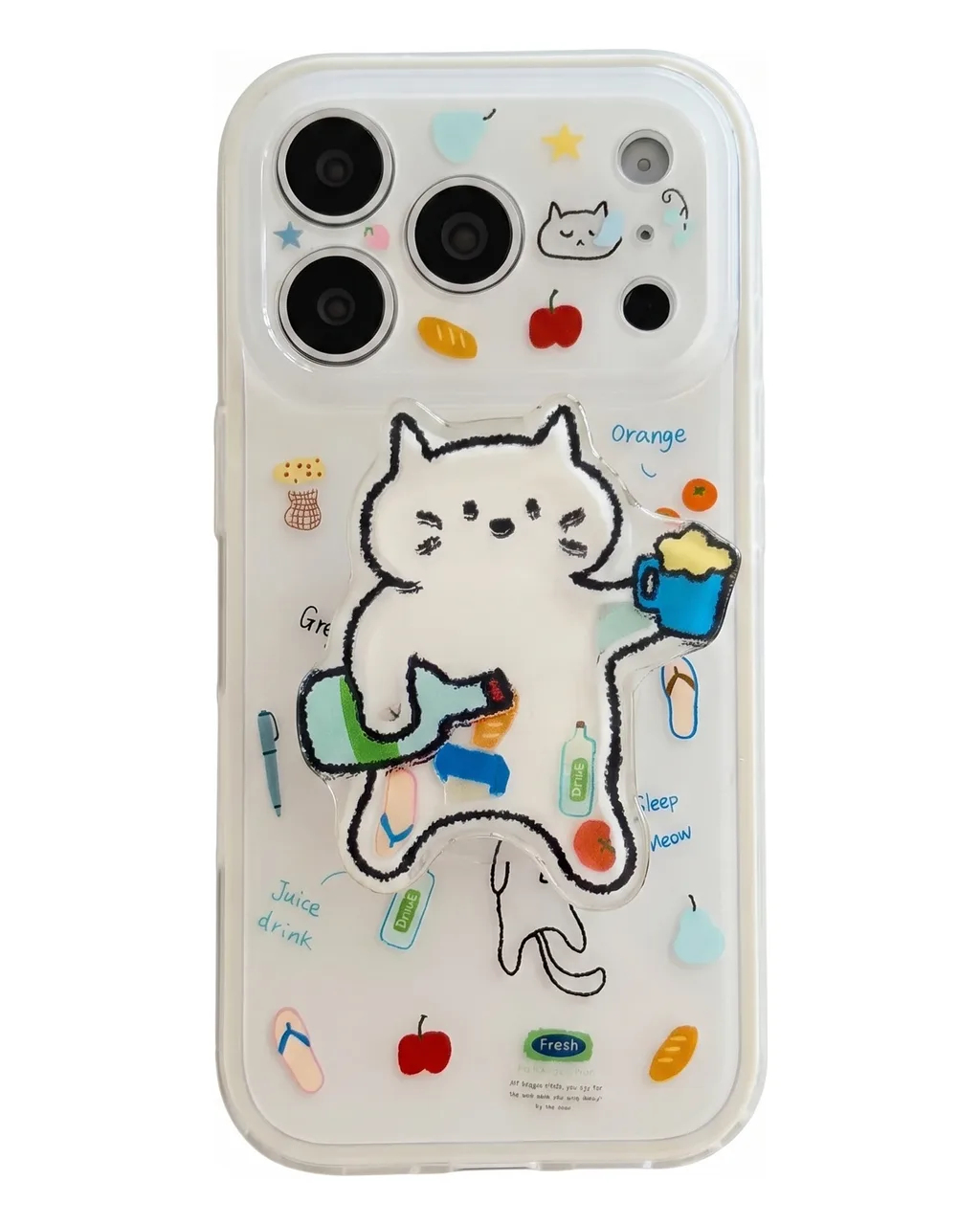Cute Cat Clear Phone Case with 3D Character Grip for iPhone 17 16 15 Pro Max