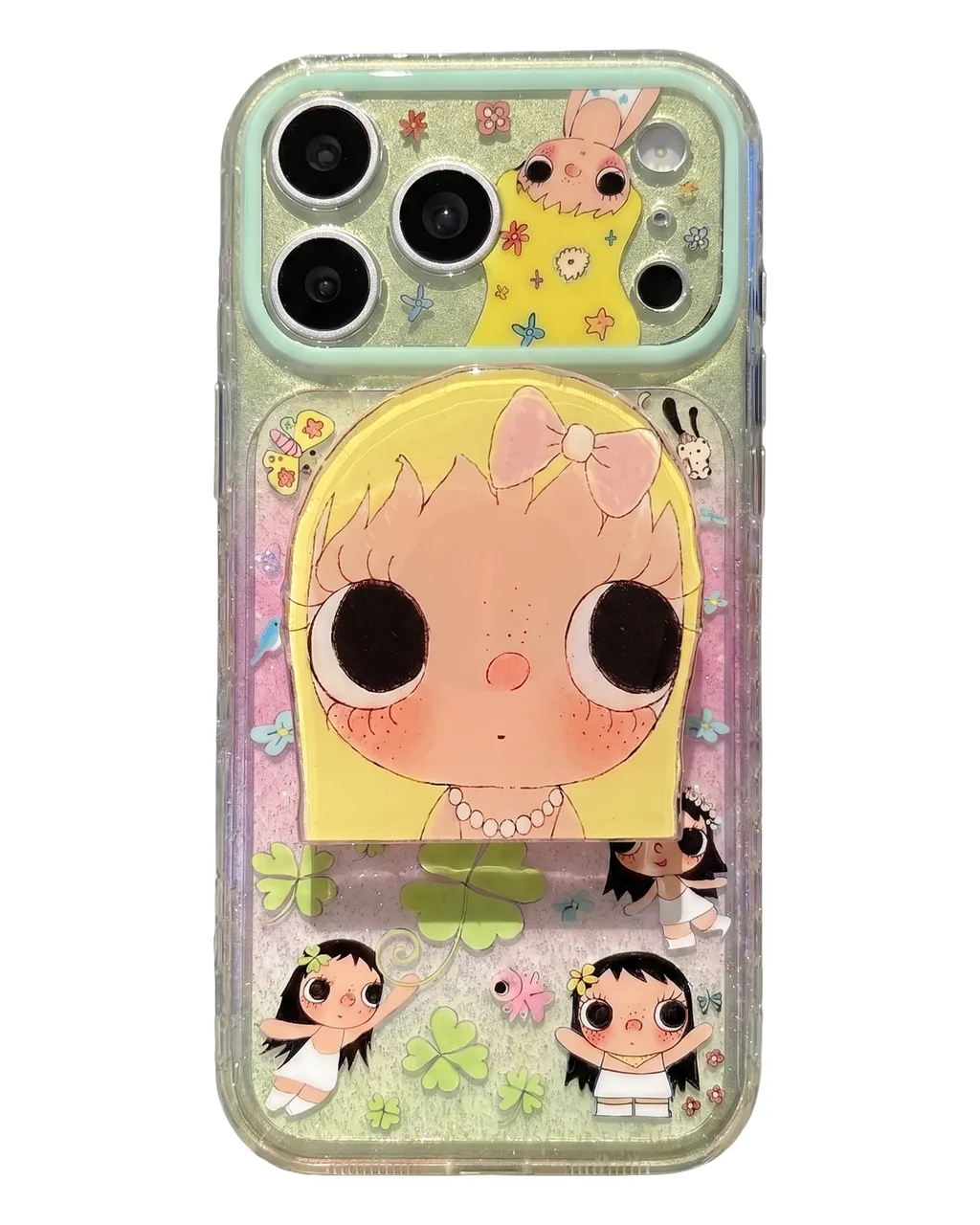 Cute glitter phone case with doll art and beaded charm strap for iPhone 17 16 15 Pro Max