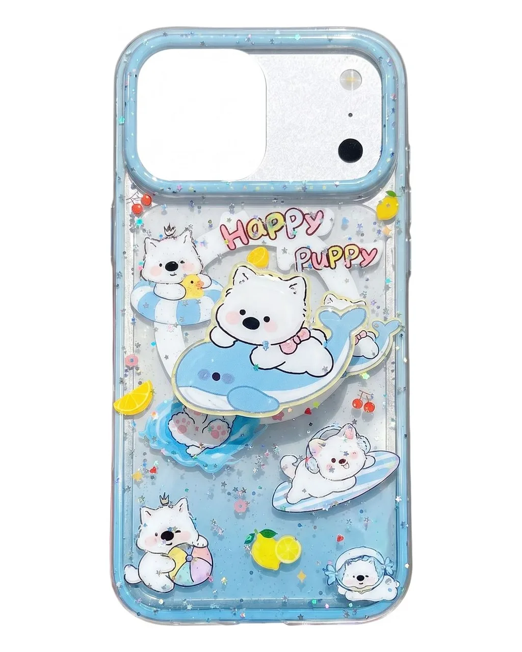 Cute Kawaii Puppy & Whale Glitter Phone Case with Popsocket & Beaded Strap for iPhone 17 16 15 14 13 Pro Max — MagSafe