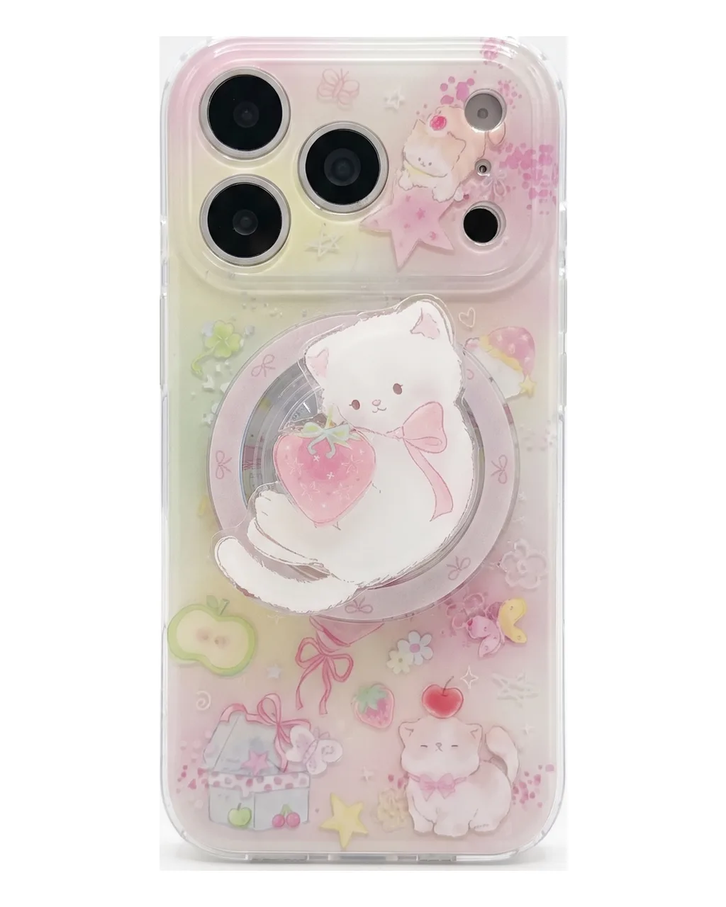 Cute pastel bear clear phone case with bead strap for iPhone 17 16 15 Pro Max — MagSafe
