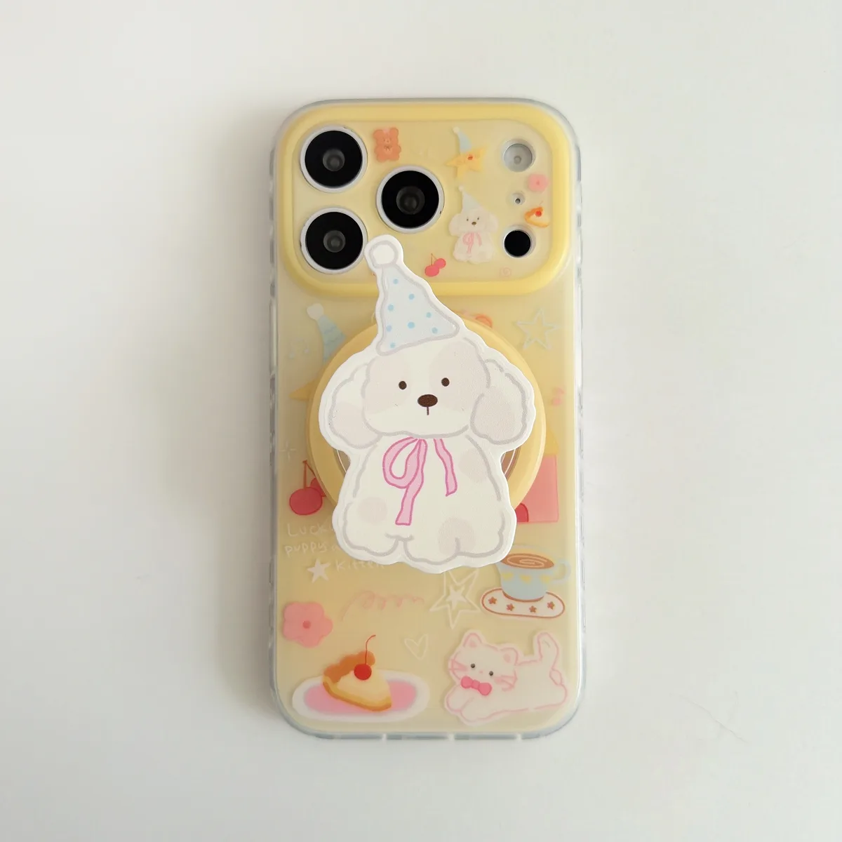 Cute Puppy Clear Phone Case with Beaded Charm and Party Pup Graphic for iPhone 17 16 15 Pro Max — MagSafe