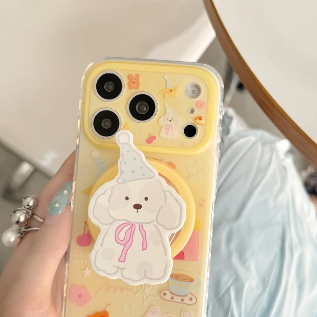 Cute Puppy Clear Phone Case with Beaded Charm and Party Pup Graphic for iPhone 17 16 15 Pro Max — MagSafe