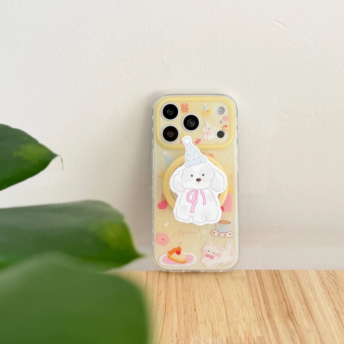 Cute Puppy Clear Phone Case with Beaded Charm and Party Pup Graphic for iPhone 17 16 15 Pro Max — MagSafe