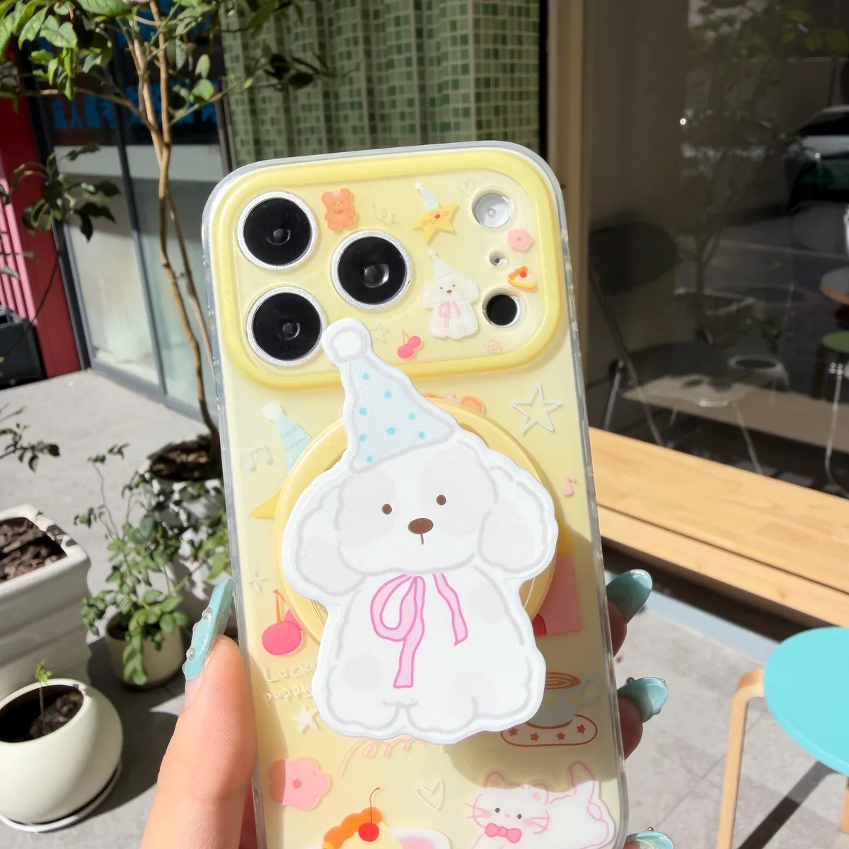 Cute Puppy Clear Phone Case with Beaded Charm and Party Pup Graphic for iPhone 17 16 15 Pro Max — MagSafe