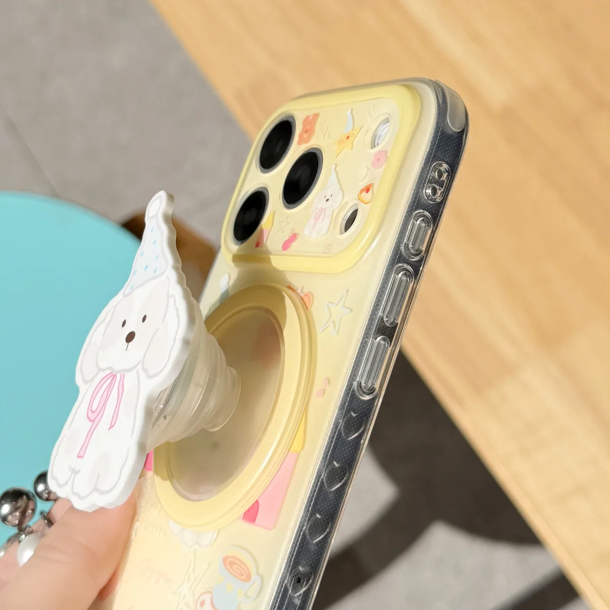 Cute Puppy Clear Phone Case with Beaded Charm and Party Pup Graphic for iPhone 17 16 15 Pro Max — MagSafe