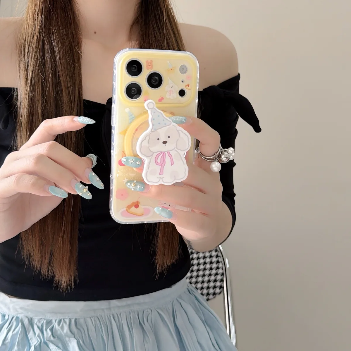 Cute Puppy Clear Phone Case with Beaded Charm and Party Pup Graphic for iPhone 17 16 15 Pro Max — MagSafe
