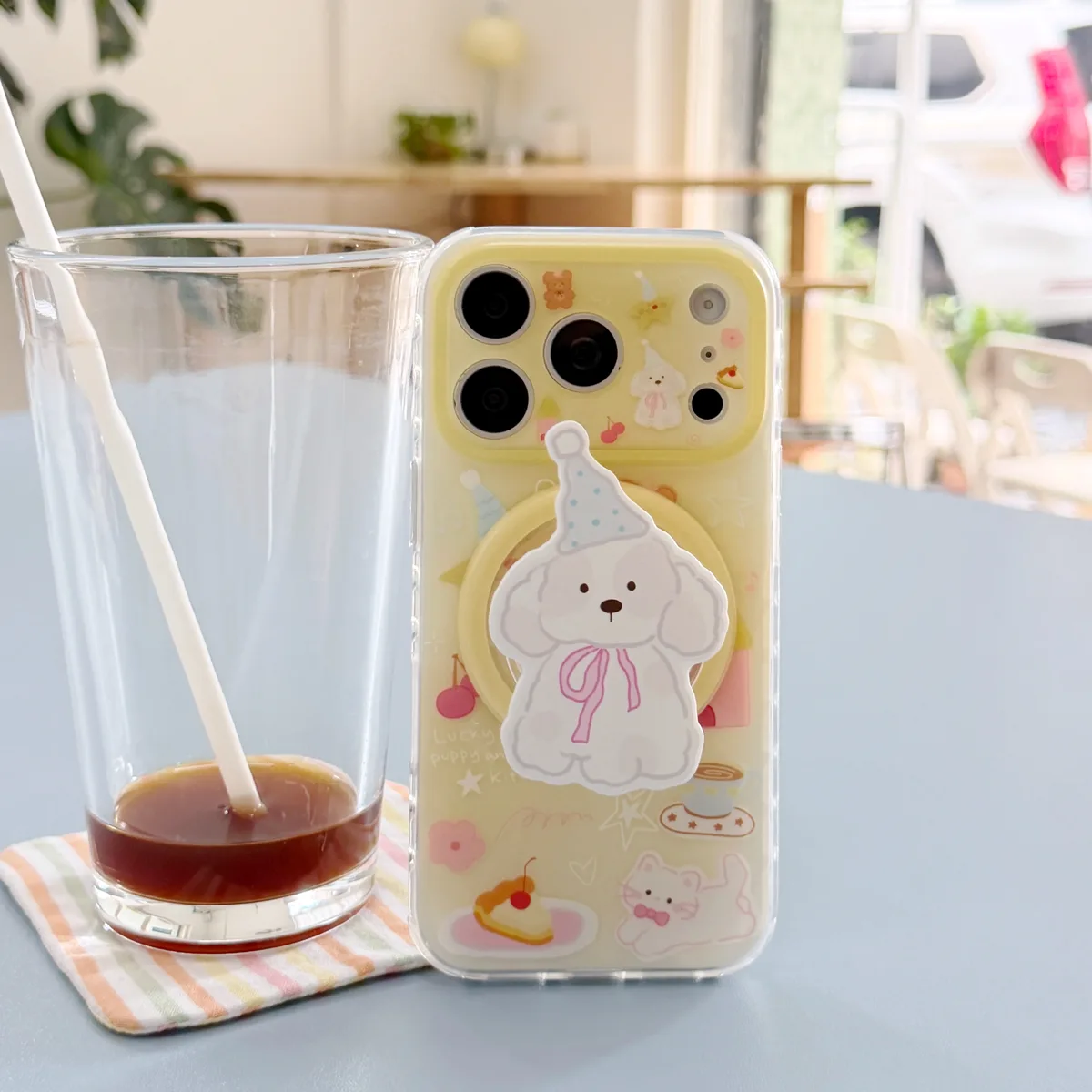 Cute Puppy Clear Phone Case with Beaded Charm and Party Pup Graphic for iPhone 17 16 15 Pro Max — MagSafe