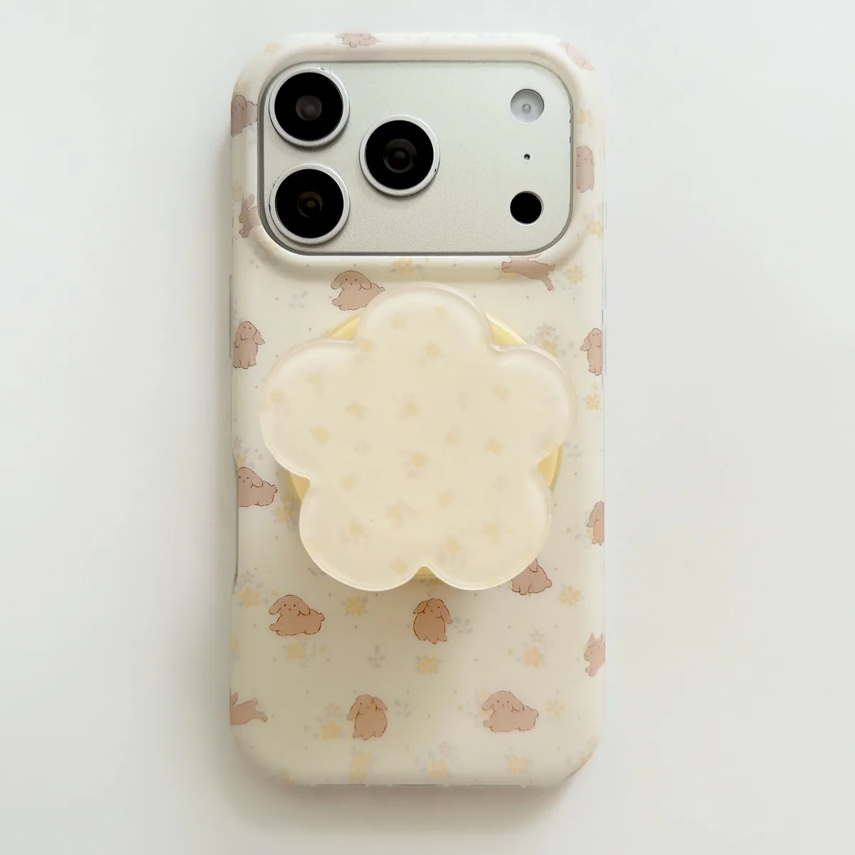 Cute Pastel Bunny Print Phone Case with Flower Grip for iPhone 17 16 15 Pro Max