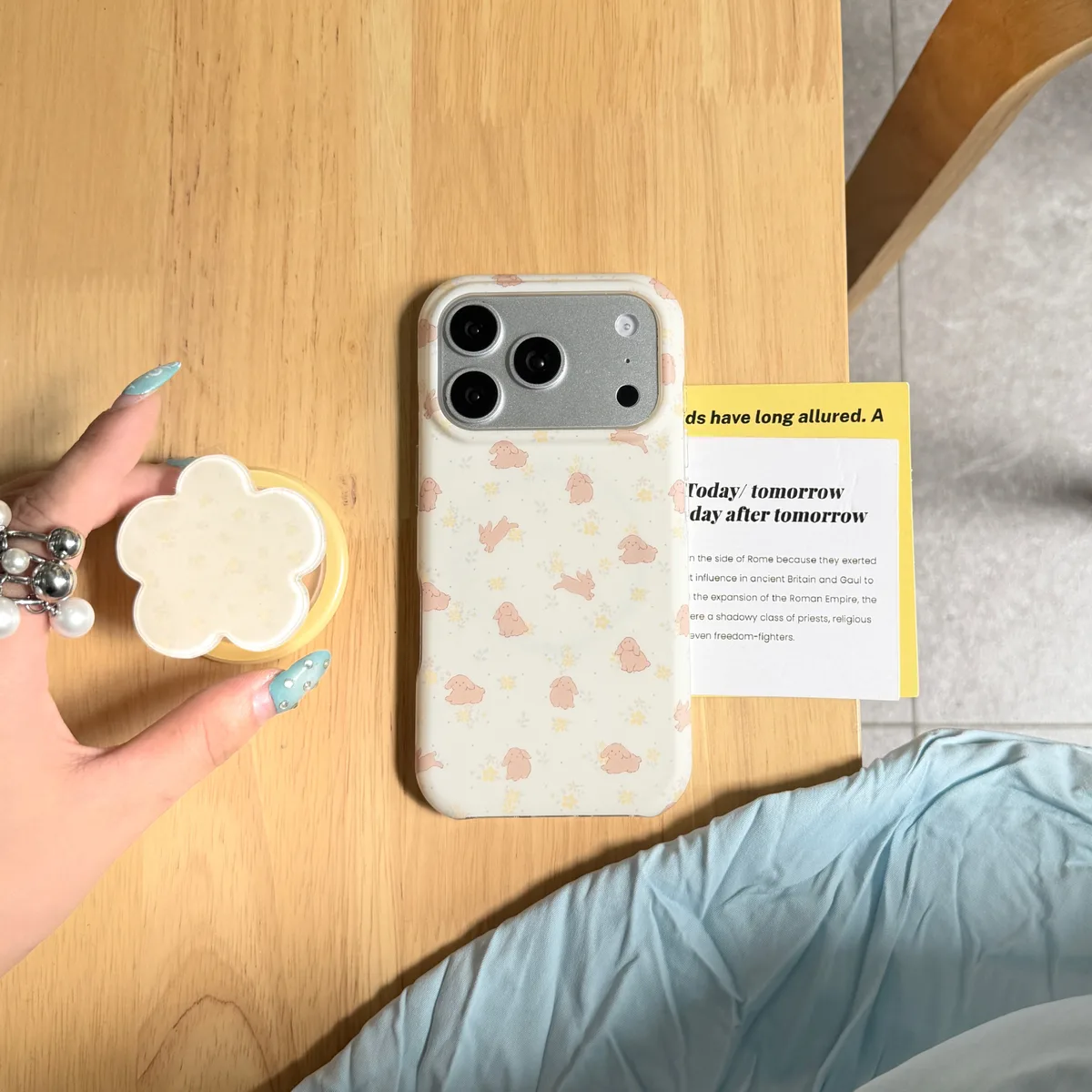 Cute Pastel Bunny Print Phone Case with Flower Grip for iPhone 17 16 15 Pro Max