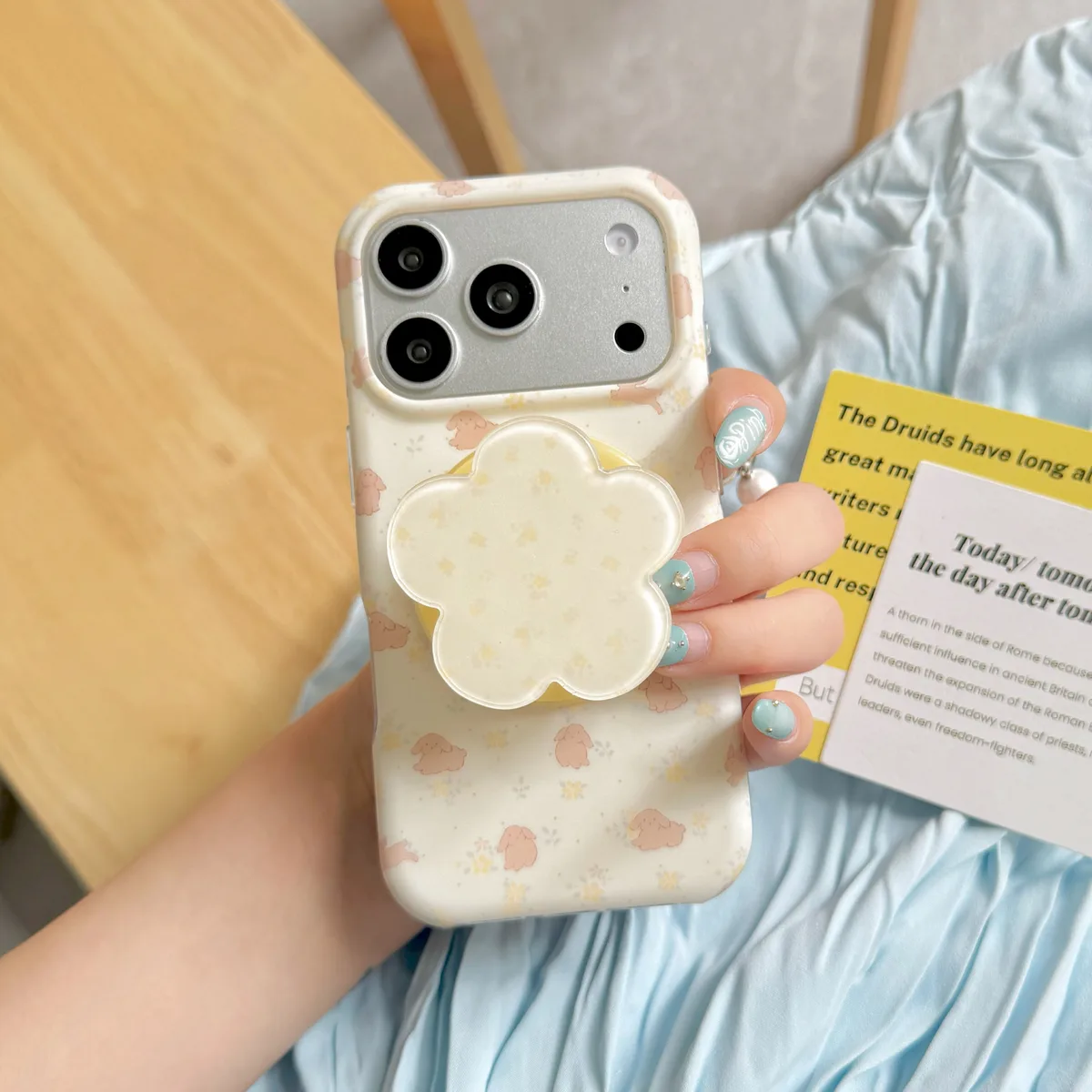 Cute Pastel Bunny Print Phone Case with Flower Grip for iPhone 17 16 15 Pro Max