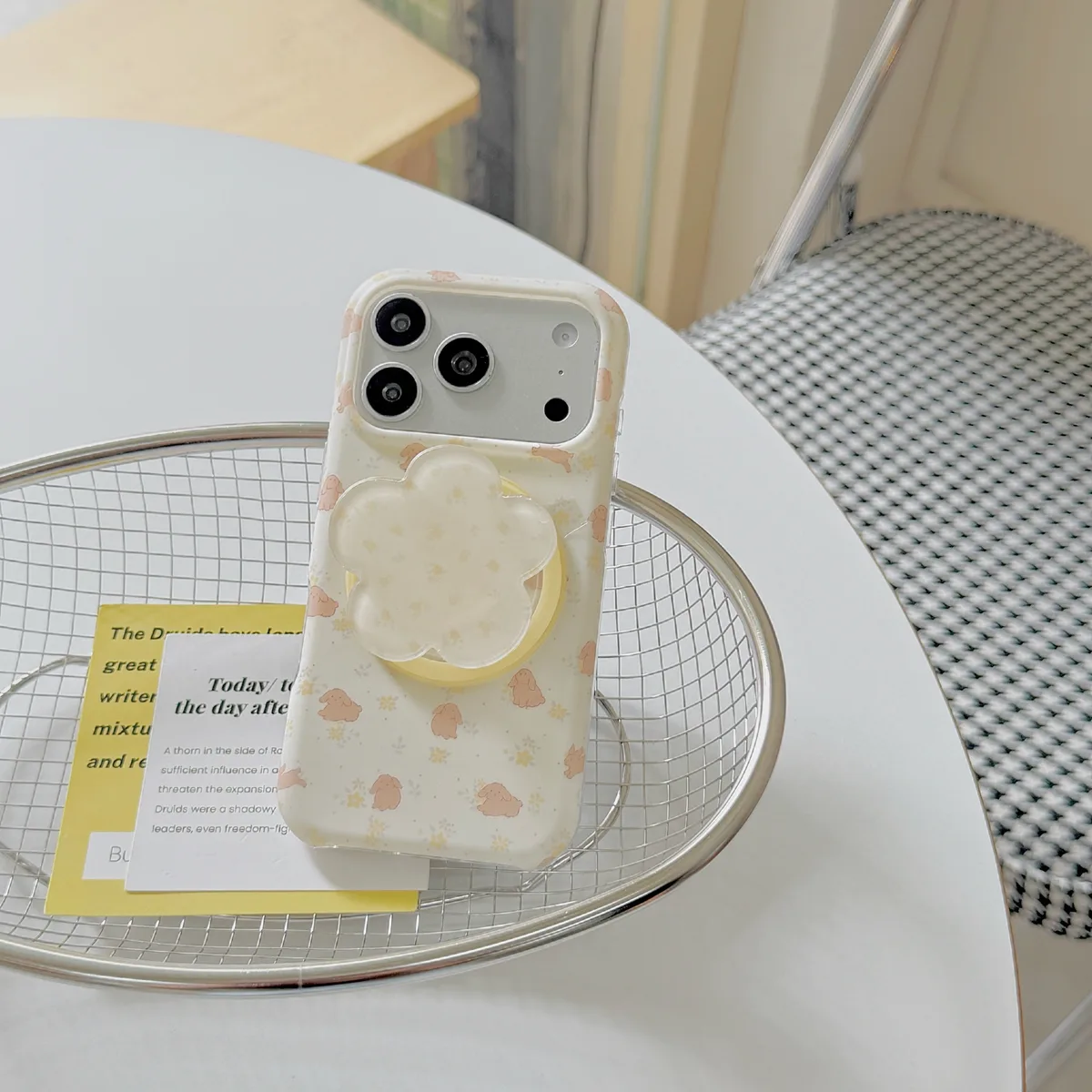Cute Pastel Bunny Print Phone Case with Flower Grip for iPhone 17 16 15 Pro Max